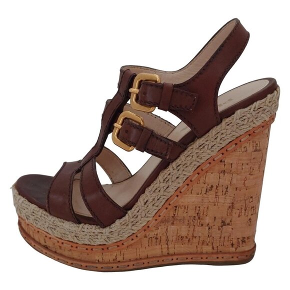 PRADA-Dark Brown Beige Light Brown Leather Hemp Cork Women's Sandals 125-063025 - Picture 1 of 6